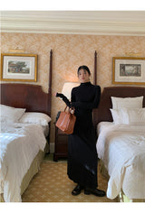 Half Turtleneck Black Flared Long Dress