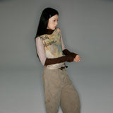 Retro fountain print coffee color stitching knitted contrast mesh bottom