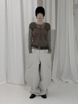 Checkered shirring knit layered long sleeve set
