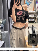 リップオフショルダー半袖Tシャツ(2color)