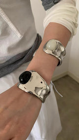 Gemstone open silver bangle(2color)