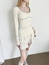 1248. ミニコサージポイント2-wayリボンTシャツ (3color)