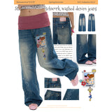 BETWEENAND Summer Star Polka Dot Patchwork Retro Slim-Fit Washed Blue Jeans