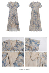 French flower shirring wrap dress