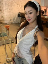 Twisted halter lace V-neck sleeveless top