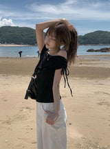 Nob Shirring オフショルダーリボン半袖Tシャツ