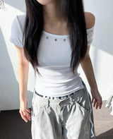 ホットクロス リベット オフショルダー リブ クロップTシャツ 5カラー