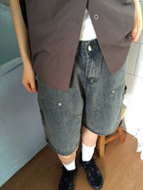 Chakin ダブルニーリベットバミューダショートデニムパンツ
