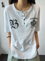 バーシュワッフルヘンリーネックレターグラフィックTシャツ 3カラー