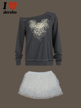 Rose Angel Oversized-fit Off-Shoulder Long Sleeve T-shirt