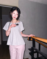(2color) Check Back Ribbon Off-Shoulder Short Sleeve Tee