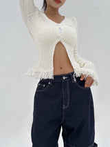 [BODY SHAPING] HIP FRINGE SOFT-FIT SLIM KNIT V-NECK CARDIGAN - 2 COLOR