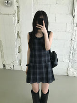 Check Pleated Mini Dress (2 colors)