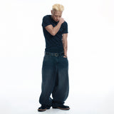 Lettering Wide Denim Pants - BLACK
