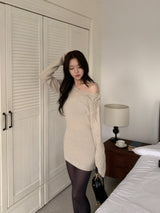MEU One Off-Shoulder Ribbon Ribbed Knit Dress