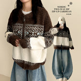 Ara two-tone Nordic pattern two-way zip-up cardigan
