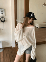 ボクシールーズフィットアンバランスショルダーロングスリーブTシャツ