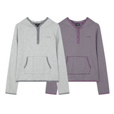 Henley Neck Striped Pocket Hooded Long Sleeve - PURPLE