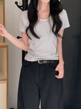 デイリーボーダーUネックショートスリーブTシャツ (3color)