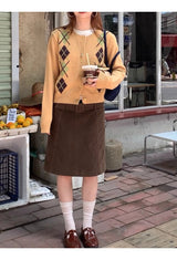 Argyle pattern wool knit cardigan