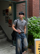 Front cut line henry-neck short sleeve t-shirt