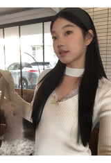 Choker V-neck Lace V-neck Long Sleeve T-shirt