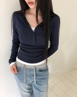セウン コントラスト ボタン ロングスリーブ Tシャツ