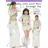 BETWEENAND Summer Millennium Lucky Note Print Slim-Fit Lightweight Semi-Sheer Patchwork Long-Sleeve Top