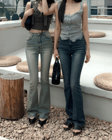 High waist light & deep blue washed bootcut long denim pants (2 colors)