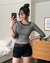 ナウ カラー マッチング ストライプ スリー クォーター Tシャツ