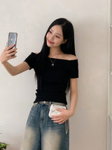 Off Shoulder Slim Rib Short Sleeve T-shirt (3color)