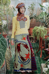 UnsocalNight2025 Original Literary Retro Autumn and Winter プリントブルーストレートマシェパンツ