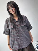 Cake Check Button Collar Short Sleeve Shirt 2 COLORS