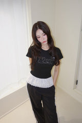 ブラックレタリングビーズレースフリル半袖Tシャツ