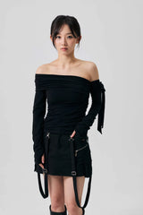 RIEN ONE-SHOULDER SHIRRING TOP / BLACK