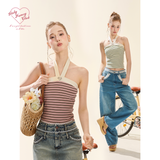 [GirlyFancyClub] Bright Dopamine Outfit Music Festival Hot Girl Striped Knit Camisole Halter Tank Top