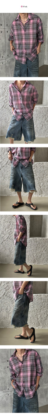 [UNISEX] ストリングチェックオーバーフィットシャツ