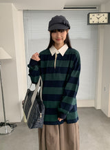 キヤン襟付きボーダーオーバー長袖Tシャツ