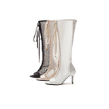 Satin See-Through Open Toe Boots Heel(Beige)