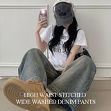Bolt high waist stitching wide washed denim pants