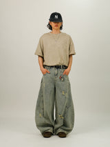 EE CURVED DAMAGE DENIM PANTS