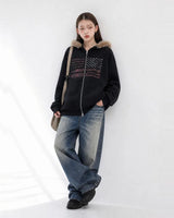 (UNISEX) USA Flag Fur Hood Zip-up