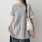 ルーズフィット💛 ボタンロールアップ カラーブロック ショートスリーブTシャツ (6 colors)