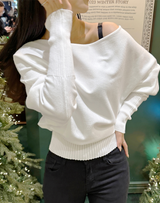 (100% COTTON) ボートネックチックリップUネックオフショルダースリムニット - 3 COLOR