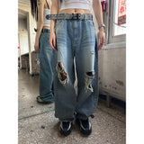 [Unisex] ニーデストロイドワイドデニムパンツ