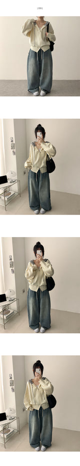 ドハサイドスナップウエストバンディングバルーンワイドデニムパンツ