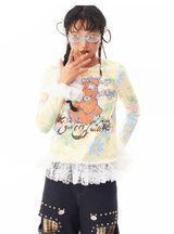 sillysisかわいい小熊イラスト 柔らかい黄色のレースで宮廷風の裾と袖のフリル付き インナー用Tシャツ