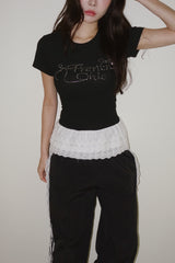 ブラックレタリングビーズレースフリル半袖Tシャツ