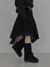 Corduroy Chiffon Unbalanced Midi Skirt