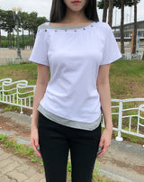 Steen Wood Button Layered One-Shoulder Short Sleeve